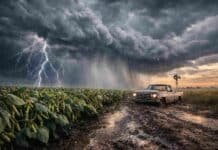 Alerta naranja y amarillo por tormentas fuertes con hasta 90 mm en 9 provincias Tormenta severa con lluvia intensa y relámpagos sobre un campo de soja en estadio R7, con camino rural inundado y una pickup Ford F100 encajada en el barro, bajo cielo oscuro en la Pampa húmeda argentina