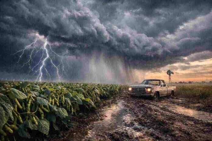 tormenta-severa-90mm-soja-r7-pickup-encajada-campo-argentino-ruralnet Tormenta severa con lluvia intensa y relámpagos sobre un campo de soja en estadio R7, con camino rural inundado y una pickup Ford F100 encajada en el barro, bajo cielo oscuro en la Pampa húmeda argentina