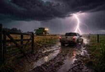 Alerta meteorológica: lluvias de hasta 75 mm y tormentas fuertes en 5 provincias complican al campo Tormenta severa con relámpagos intensos y lluvias sobre campo argentino con camioneta y maquinaria en camino embarrado y condiciones climáticas adversas para el agro
