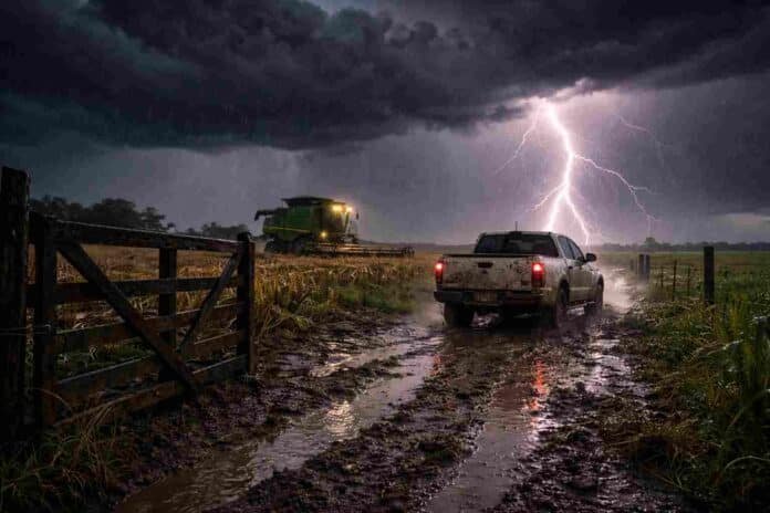 tormenta-severa-campo-argentino-rayos-barro-alerta-75mm-ruralnet Tormenta severa con relámpagos intensos y lluvias sobre campo argentino con camioneta y maquinaria en camino embarrado y condiciones climáticas adversas para el agro