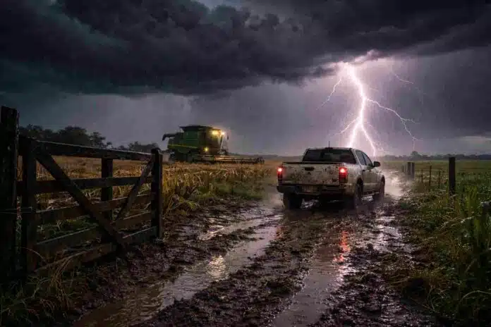 Tormenta severa con relámpagos intensos y lluvias sobre campo argentino con camioneta y maquinaria en camino embarrado y condiciones climáticas adversas para el agro