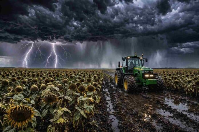 tormenta-severa-girasol-cosecha-tractor-john-deere-campo-argentino-ruralnet Tormenta severa con relámpagos y lluvia intensa sobre un campo de girasol listo para cosecha, con tractor John Deere trabajando en suelo embarrado bajo cielo completamente cubierto de nubes oscuras en la Pampa húmeda argentina