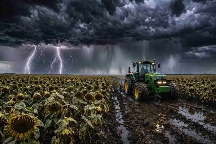 Tormenta severa con relámpagos y lluvia intensa sobre un campo de girasol listo para cosecha, con tractor John Deere trabajando en suelo embarrado bajo cielo completamente cubierto de nubes oscuras en la Pampa húmeda argentina