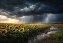 Se intensifica el temporal: tormentas de hasta 80 mm y vientos de 120 km/h en gran parte del país Tormenta severa avanzando sobre un campo de girasol en la Pampa húmeda argentina, con lluvias intensas, relámpagos y viento fuerte, generando anegamientos y condiciones climáticas extremas.
