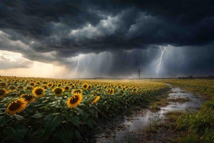 Tormenta severa avanzando sobre un campo de girasol en la Pampa húmeda argentina, con lluvias intensas, relámpagos y viento fuerte, generando anegamientos y condiciones climáticas extremas.