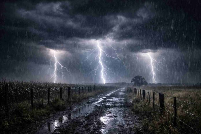 Tormenta severa durante la madrugada en un campo argentino, con rayos intensos, lluvia fuerte y camino rural inundado bajo cielo oscuro cargado de nubes