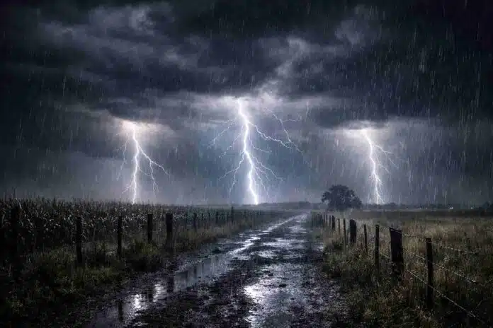 Tormenta severa durante la madrugada en un campo argentino, con rayos intensos, lluvia fuerte y camino rural inundado bajo cielo oscuro cargado de nubes