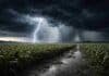 Alerta naranja por tormentas severas: 100 mm, granizo y ráfagas afectan zonas clave del agro Tormenta severa con relámpago intenso y lluvia torrencial sobre un campo de maíz en Argentina, con suelo embarrado y plantas afectadas por fuertes ráfagas de viento.