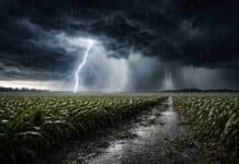 Alerta naranja por tormentas severas: 100 mm, granizo y ráfagas afectan zonas clave del agro Tormenta severa con relámpago intenso y lluvia torrencial sobre un campo de maíz en Argentina, con suelo embarrado y plantas afectadas por fuertes ráfagas de viento.