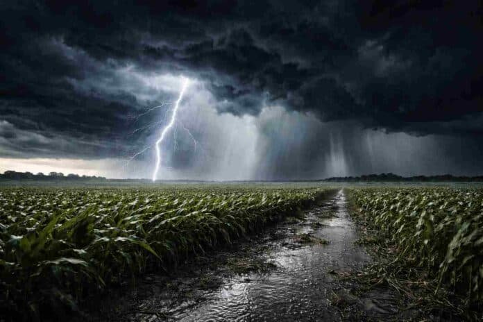 Tormenta severa con relámpago intenso y lluvia torrencial sobre un campo de maíz en Argentina, con suelo embarrado y plantas afectadas por fuertes ráfagas de viento.