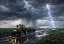 Fuerte avance de tormentas: lluvias de hasta 70 mm y granizo ponen en alerta al agro en 5 provincias Tractor Valtra con acoplado en camino rural inundado bajo tormenta severa con lluvia intensa y relámpagos en la Pampa húmeda argentina