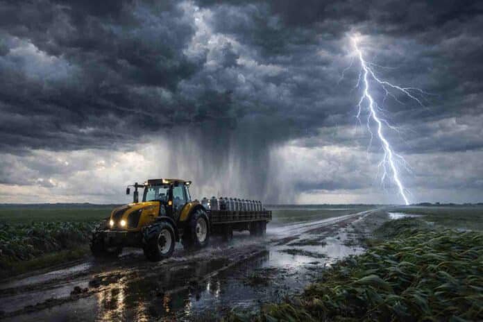 Tractor Valtra con acoplado en camino rural inundado bajo tormenta severa con lluvia intensa y relámpagos en la Pampa húmeda argentina