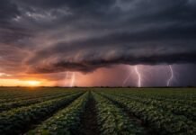 Impacto climático extremo: hasta 180 mm y ráfagas de 90 km/h ponen bajo alerta a más de 12 provincias Tormenta severa con relámpagos y lluvias intensas sobre la zona núcleo al amanecer, avanzando sobre un campo agrícola con cielo oscuro y nubes cumulonimbus.
