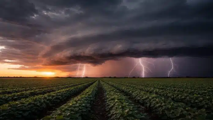 tormenta-severa-zona-nucleo-amanecer-campo-soja-ruralnet Tormenta severa con relámpagos y lluvias intensas sobre la zona núcleo al amanecer, avanzando sobre un campo agrícola con cielo oscuro y nubes cumulonimbus.