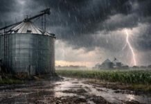 Fuerte temporal con hasta 80 mm, granizo y nevadas de 20 cm golpea zonas productivas y complica la cosecha Tormenta intensa con lluvias fuertes y relámpagos sobre campo agrícola, con silo en primer plano y suelo anegado.