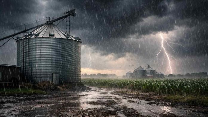 Tormenta intensa con lluvias fuertes y relámpagos sobre campo agrícola, con silo en primer plano y suelo anegado.