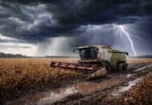 Pronóstico meteorológico: tormentas y lluvias frenan la cosecha del 7 al 9 de abril Tormenta con lluvias intensas sobre cultivo de soja listo para cosecha con cosechadora encajada en campo embarrado bajo cielo oscuro