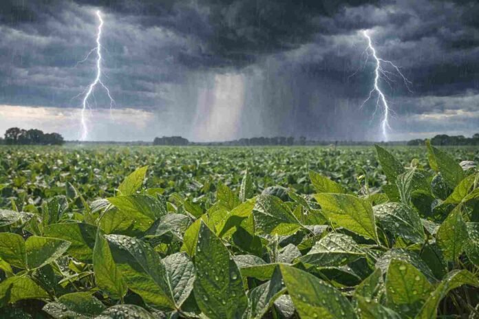 Tormenta intensa con relámpagos y lluvia fuerte sobre un campo de soja en Argentina, con hojas mojadas con gotas visibles y condiciones de alta humedad en el lote.