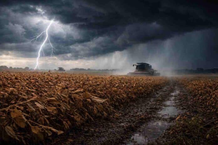 Tormenta con relámpago sobre campo de soja seca en estado R7, con cultivo inclinado por el viento y suelo embarrado, mientras una cosechadora trabaja con dificultad en la Pampa húmeda argentina.