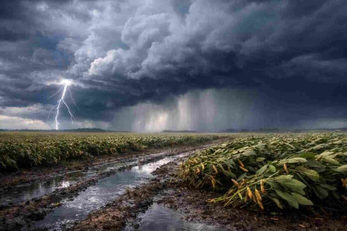 Tormenta intensa con relámpagos y viento fuerte avanzando sobre cultivo de soja en la zona núcleo, con lluvia, barro y suelo encharcado
