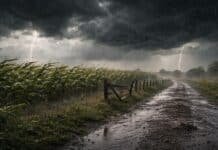 ⚡ Lluvias de 60 mm complican la cosecha y el viento llega a 100 km/h en el sur del país Tormenta intensa con lluvia y fuertes ráfagas de viento sobre un campo agrícola, con camino rural embarrado y cultivos afectados bajo cielo oscuro con relámpagos.