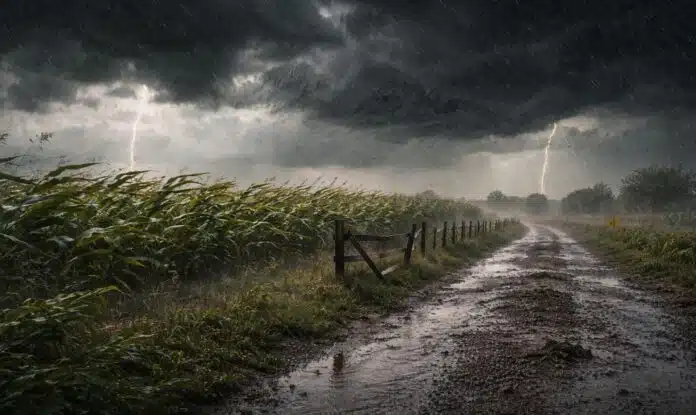 Tormenta intensa con lluvia y fuertes ráfagas de viento sobre un campo agrícola, con camino rural embarrado y cultivos afectados bajo cielo oscuro con relámpagos.