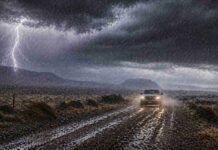 🌧️ Se activa un combo de lluvias y viento en la Patagonia: hasta 30 mm y ráfagas de 90 km/h Vehículo circulando bajo lluvia intensa y viento fuerte en la Patagonia con un relámpago en el cielo, reflejando condiciones climáticas adversas y baja visibilidad en rutas del sur argentino.