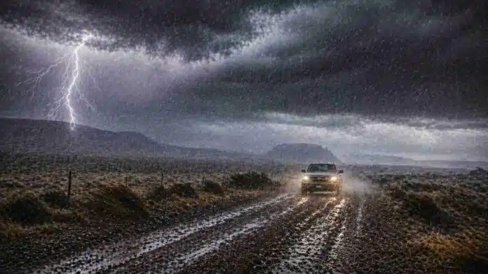 Vehículo circulando bajo lluvia intensa y viento fuerte en la Patagonia con un relámpago en el cielo, reflejando condiciones climáticas adversas y baja visibilidad en rutas del sur argentino.