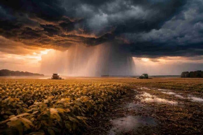 Tormenta intensa avanzando sobre un campo de soja en la zona núcleo con lluvias abundantes, viento y maquinaria agrícola trabajando bajo condiciones climáticas adversas.