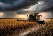 Tormentas en gran parte del país y cambio térmico en 3 días: cómo impacta en el campo Tormentas con lluvias intensas y relámpagos avanzando sobre un campo argentino, con cambio de temperatura en plena campaña agrícola