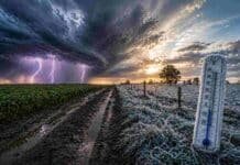 Pronóstico para los próximos 3 días: tormentas en el norte y heladas de hasta 2°C en la región pampeana Tormenta eléctrica avanzando sobre campo argentino y helada en pastizales con termómetro bajo cero, representando el contraste climático en zonas productivas