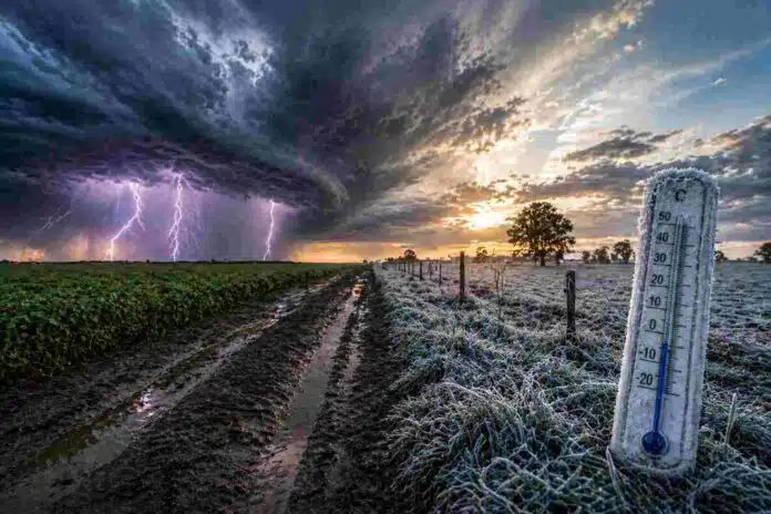Tormenta eléctrica avanzando sobre campo argentino y helada en pastizales con termómetro bajo cero, representando el contraste climático en zonas productivas