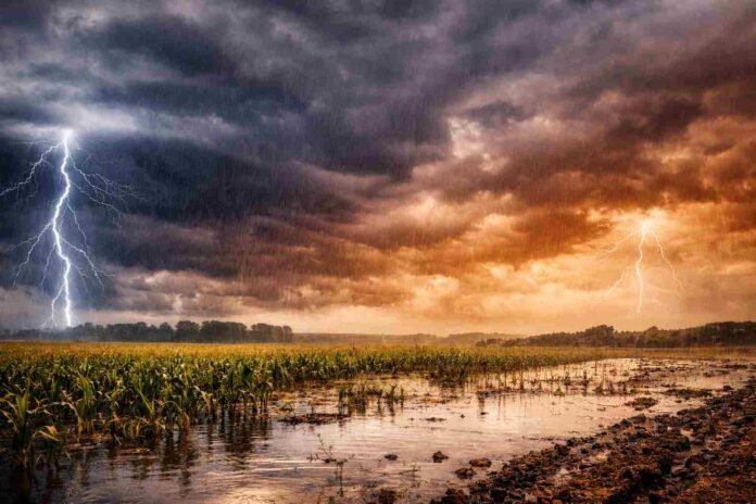 Campo agrícola inundado bajo tormentas intensas con relámpagos y lluvias abundantes, reflejando el impacto del clima inestable en zonas productivas de Argentina.