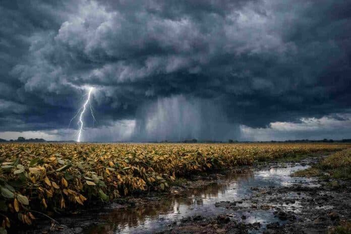 Tormenta fuerte con relámpagos y lluvias intensas sobre un campo de soja en la Pampa húmeda que complica la cosecha