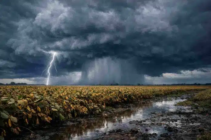 Tormenta fuerte con relámpagos y lluvias intensas sobre un campo de soja en la Pampa húmeda que complica la cosecha