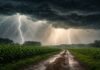 Lluvias intensas y viento fuerte: 180 mm acumulados y ráfagas de 90 km/h en múltiples provincias Tormenta severa con relámpagos y lluvias intensas sobre camino rural entre cultivos, escenario de clima extremo con precipitaciones abundantes en Argentina