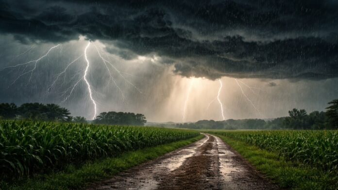 Tormenta severa con relámpagos y lluvias intensas sobre camino rural entre cultivos, escenario de clima extremo con precipitaciones abundantes en Argentina
