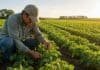 Sueldo del trabajador rural en abril y mayo 2026: cuánto cobra el peón general Trabajador rural inspeccionando cultivo de soja en campo agrícola argentino al atardecer