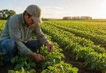 Sueldo del trabajador rural en abril y mayo 2026: cuánto cobra el peón general Trabajador rural inspeccionando cultivo de soja en campo agrícola argentino al atardecer
