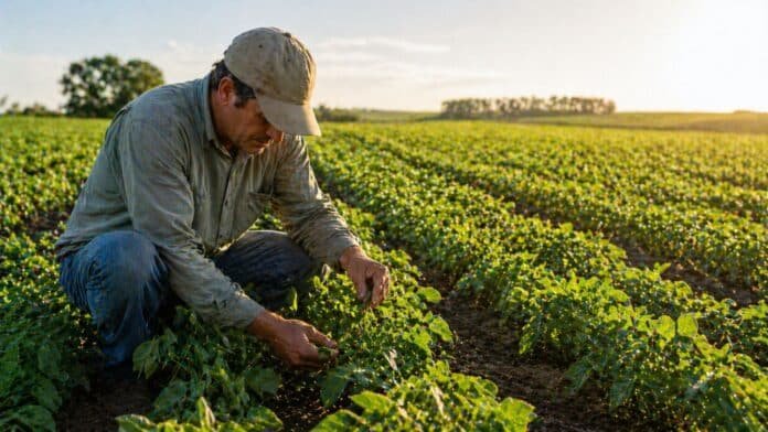 Trabajador rural inspeccionando cultivo de soja en campo agrícola argentino al atardecer