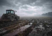 Los próximos tres días complican al agro: neblinas, inestabilidad y cambios de viento en zonas productivas Tractor agrícola trabajando en un campo embarrado con charcos y neblina bajo cielo nublado, reflejando condiciones de humedad, viento e inestabilidad en la Pampa húmeda argentina