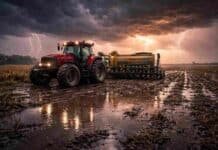 Pronóstico trimestral: el SMN anticipa un otoño más lluvioso y alerta por anegamientos en zonas productivas Tractor Case con sembradora Agrometal detenido en campo encharcado bajo tormenta con relámpagos y cielo de amanecer, en condiciones adversas para la siembra en Argentina