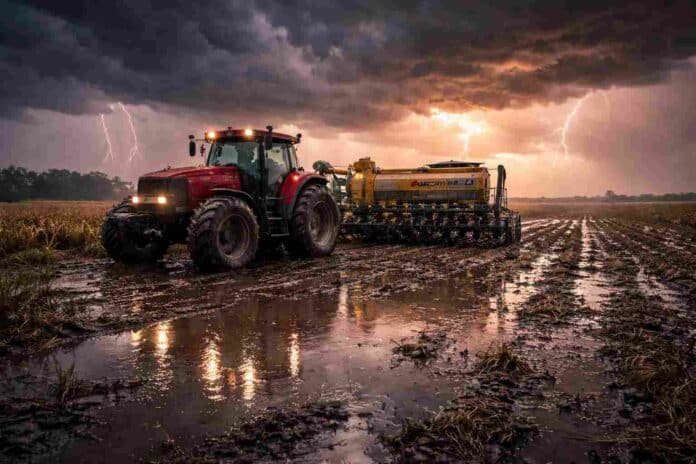 Tractor Case con sembradora Agrometal detenido en campo encharcado bajo tormenta con relámpagos y cielo de amanecer, en condiciones adversas para la siembra en Argentina