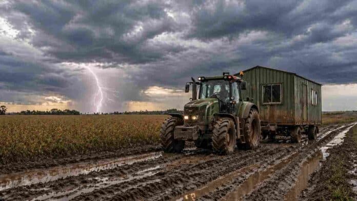 Tractor tirando una casilla rural en camino con barro en un campo de soja bajo cielo nublado e inestable en la zona núcleo argentina