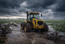 🌧️ Tres días con inestabilidad en el agro: neblinas, nubosidad y focos de tormenta afectan zonas productivas Tractor Pauny embarrado con conductor dentro de la cabina en un campo inundado bajo tormenta con lluvia intensa y relámpagos en la Pampa húmeda argentina