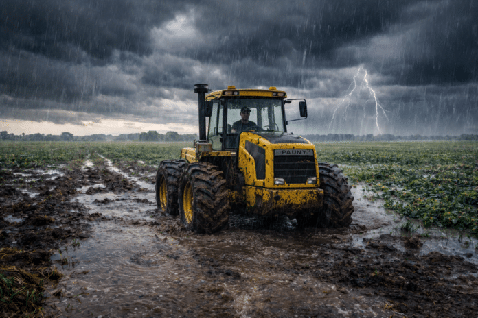 Tractor Pauny embarrado con conductor dentro de la cabina en un campo inundado bajo tormenta con lluvia intensa y relámpagos en la Pampa húmeda argentina
