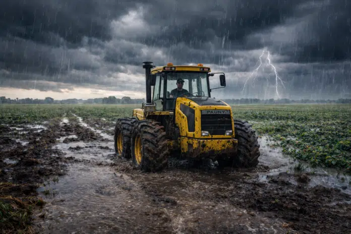 tractor-pauny-embarrado-tormenta-campo-inundado-ruralnet Tractor Pauny embarrado con conductor dentro de la cabina en un campo inundado bajo tormenta con lluvia intensa y relámpagos en la Pampa húmeda argentina