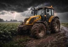 Alerta meteorológica: hasta 60 mm y ráfagas de 80 km/h impactan en zonas productivas clave Tractor Valtra HiTech cubierto de barro avanza por un camino rural bajo una tormenta intensa con lluvia y relámpagos en la zona núcleo agrícola.