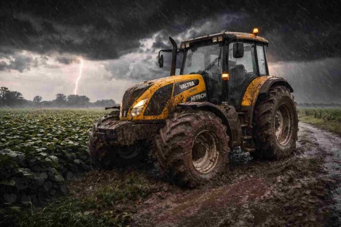 Tractor Valtra HiTech cubierto de barro avanza por un camino rural bajo una tormenta intensa con lluvia y relámpagos en la zona núcleo agrícola.