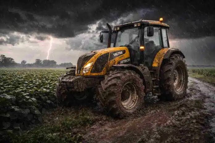 Tractor Valtra HiTech cubierto de barro avanza por un camino rural bajo una tormenta intensa con lluvia y relámpagos en la zona núcleo agrícola.